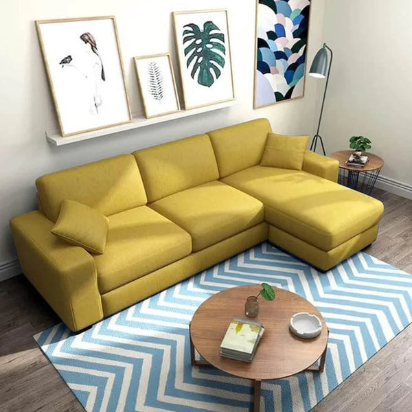 Sofa L Shape - Beech Wood - Linen Fabric - Yellow - 240x170x85 cm - Cataloug