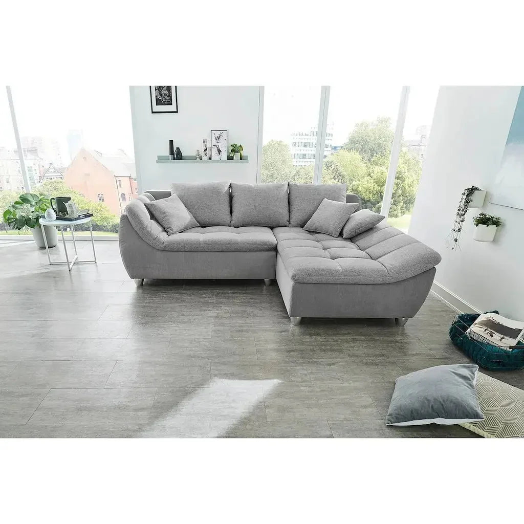 Sofa L Shape & Pouf - Beech Wood - Linen Fabric - Grey - 250x180x90 cm 90x90 cm - Cataloug