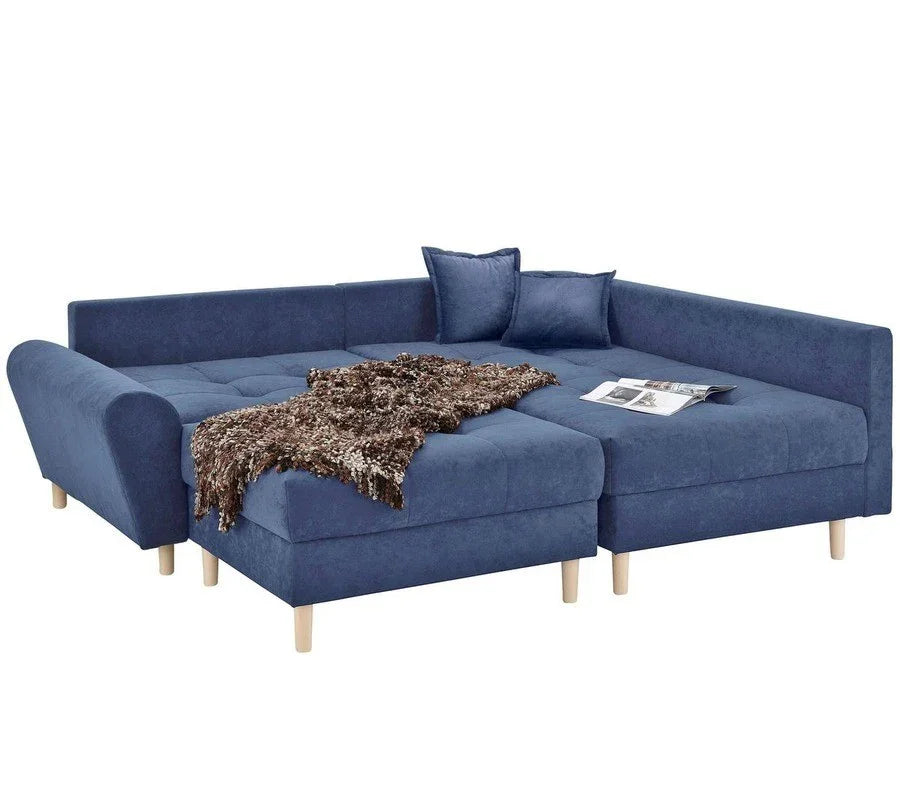Sofa L Shape & Pouf - Beech Wood - Linen Fabric - Blue - 250x180x90 cm 90x90 cm - Cataloug