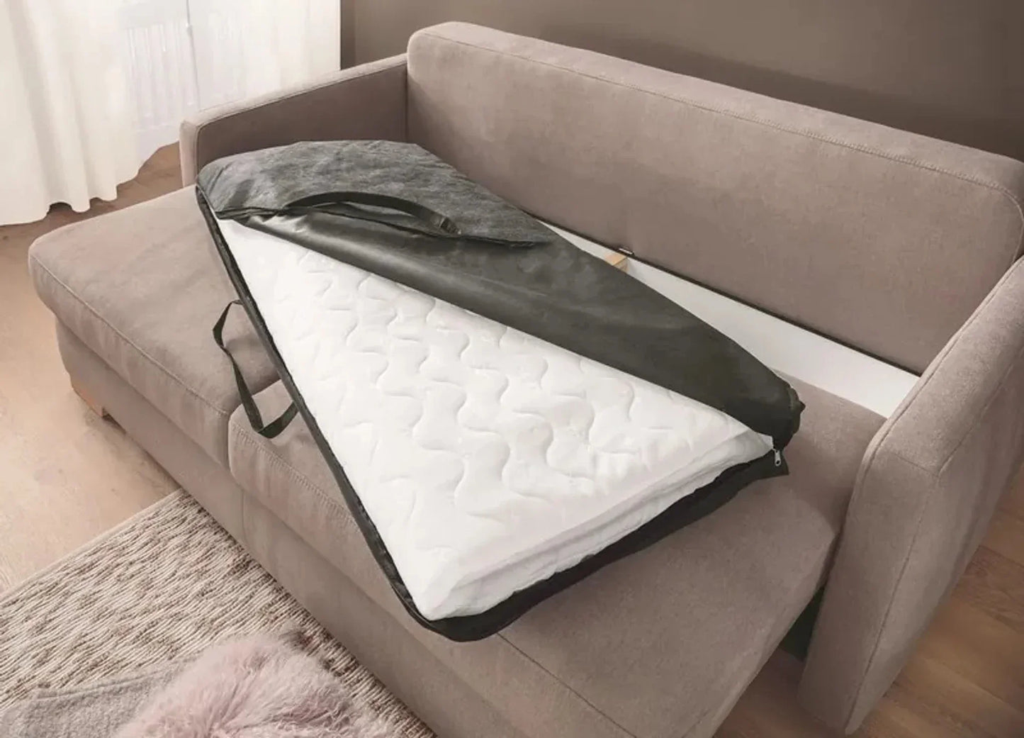 Sofa Bed - Beech Wood - Linen Fabric - Beige - 200x85 cm - Cataloug