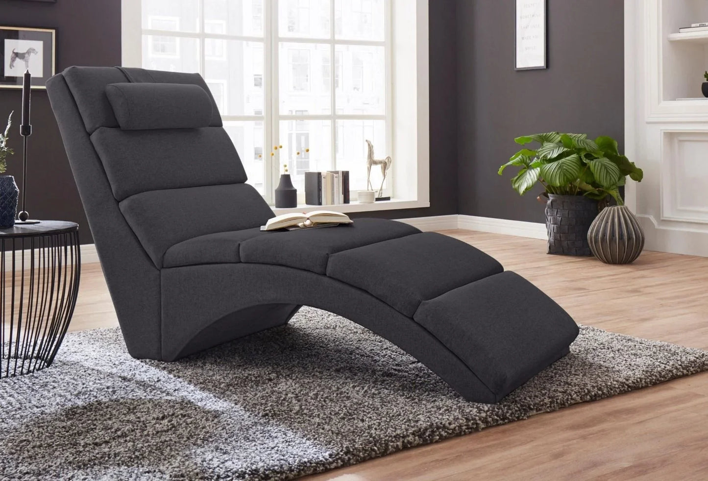 Recliner Chair - Beech Wood - Linen Fabric - Black - 160x55 cm - Cataloug