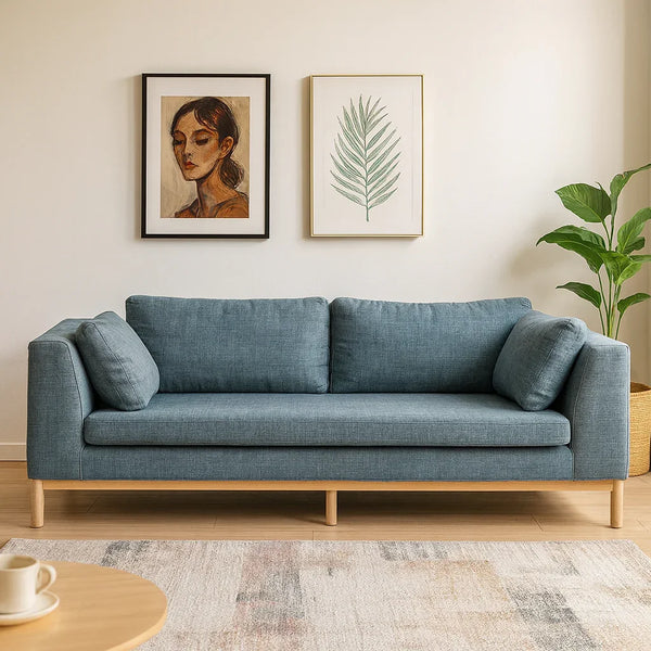 Sofa - Beech Wood - Linen Fabric - Blue - 200x85 cm - Cataloug