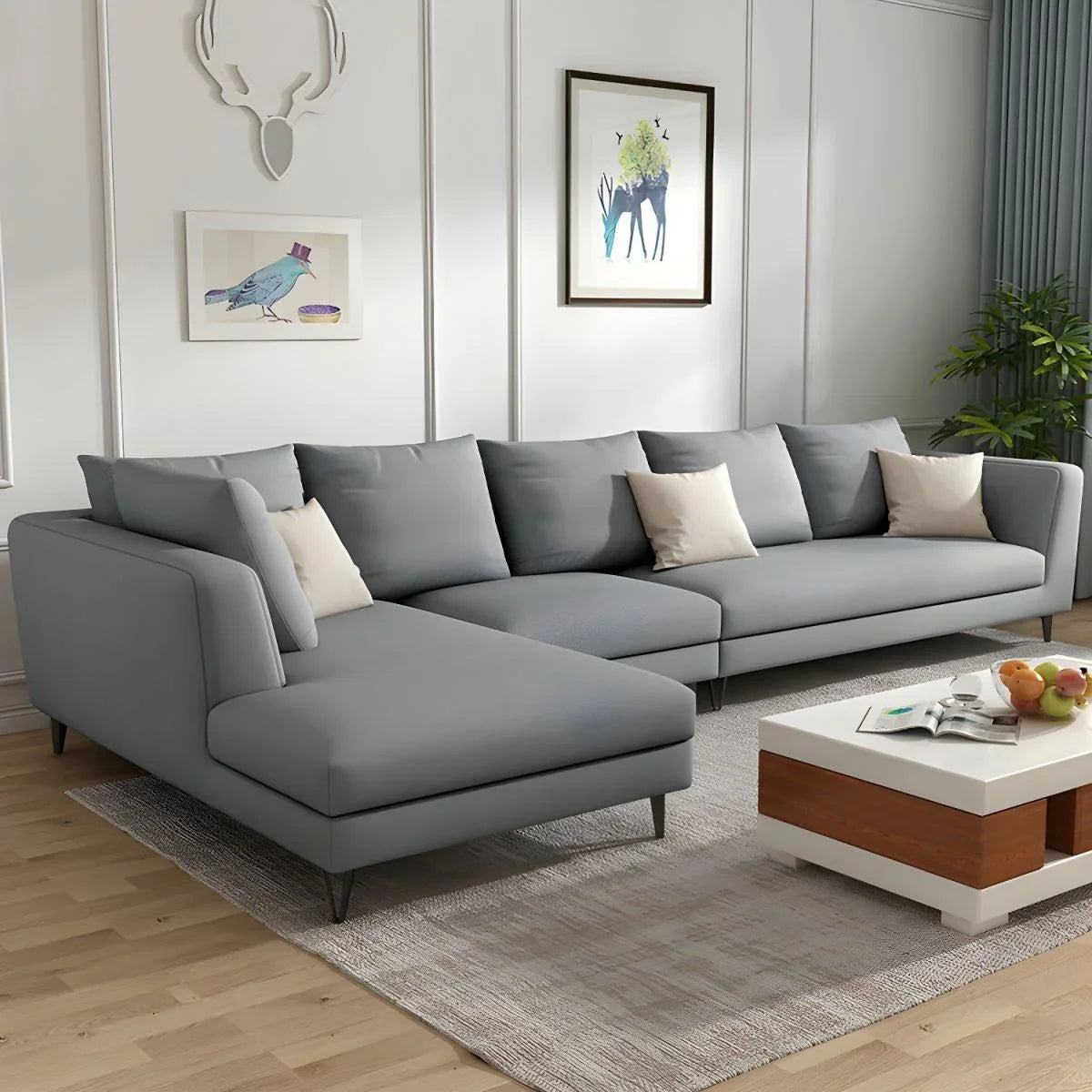 Sofa L Shape - Beech Wood - Linen Fabric - Grey - 350x200 cm - Cataloug