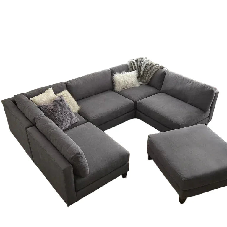 Sofa U Shape & Pouf - Beech Wood - Linen Fabric - Grey - 270x180x180 cm 90x90 cm - Cataloug