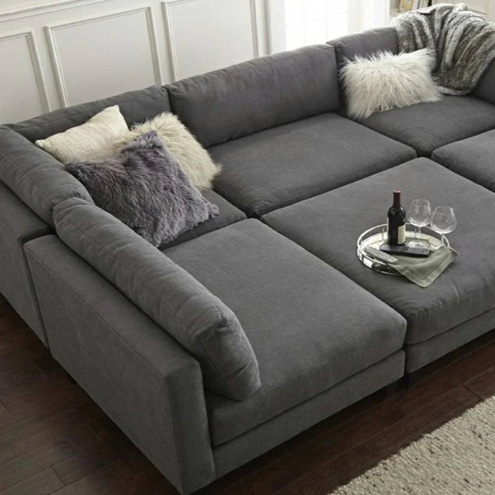 Sofa U Shape & Pouf - Beech Wood - Linen Fabric - Grey - 270x180x180 cm 90x90 cm - Cataloug