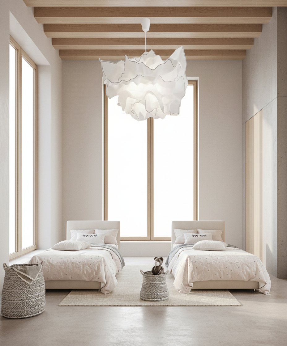 Two beds with matching bedding and a ceiling light fixture in a neutral-toned room.