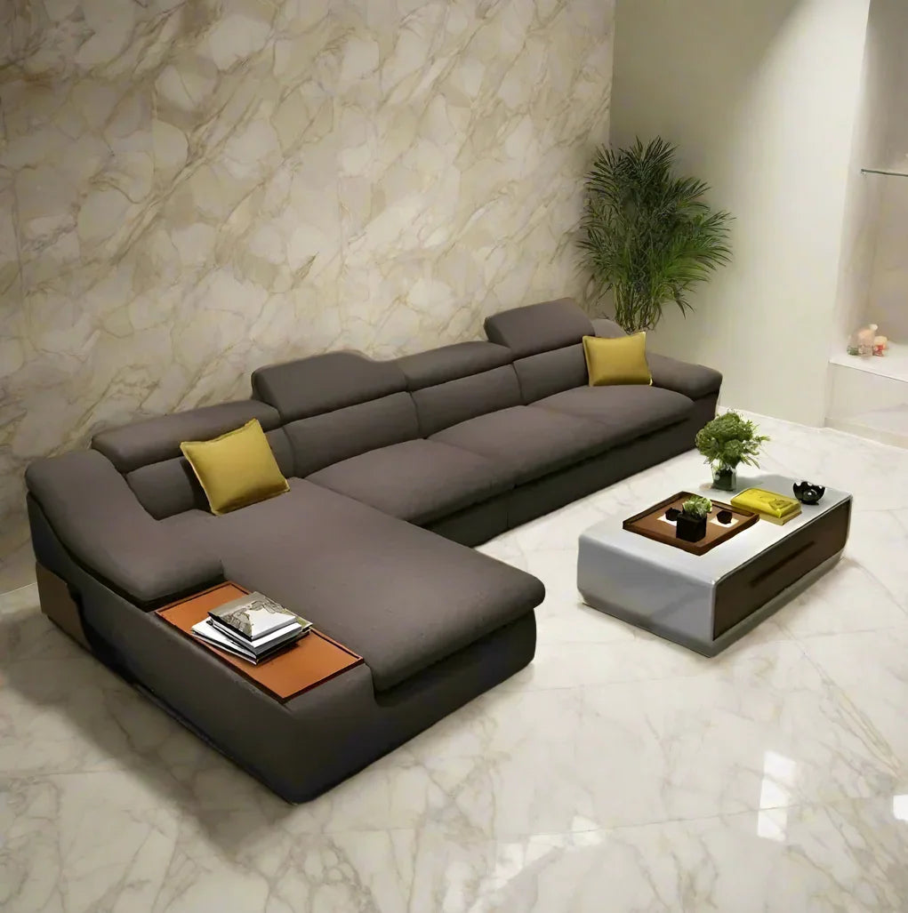 كنبة حرف L - خشب زان - قماش كتان - بني - 340×200×90 سم