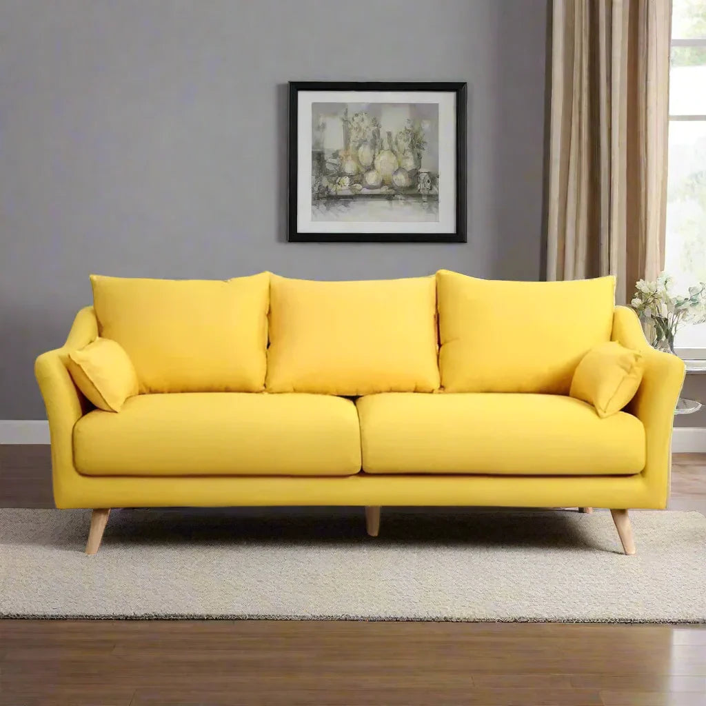 Sofa - Beech Wood - Linen Fabric - Yellow - 200x90 cm - Cataloug