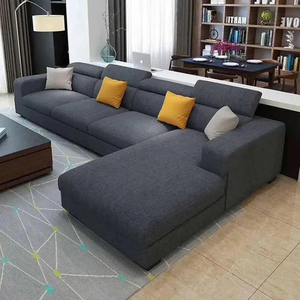 Sofa L Shape - Beech Wood - Linen Fabric - Grey - 320x200x90 cm - Cataloug