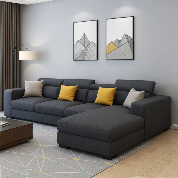 Sofa L Shape - Beech Wood - Linen Fabric - Grey - 320x200x90 cm - Cataloug