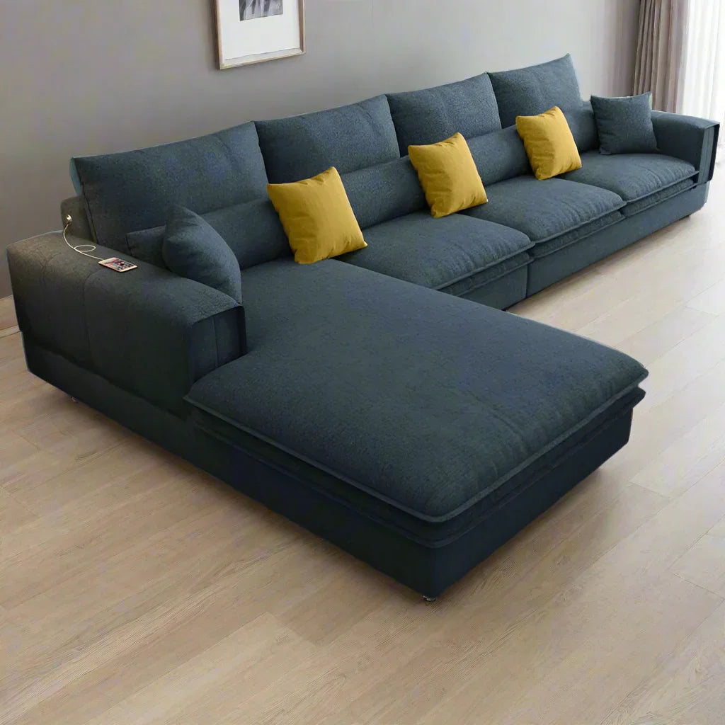 Sofa L Shape - Beech Wood - Linen Fabric - Blue - 320x200x90 cm - Cataloug