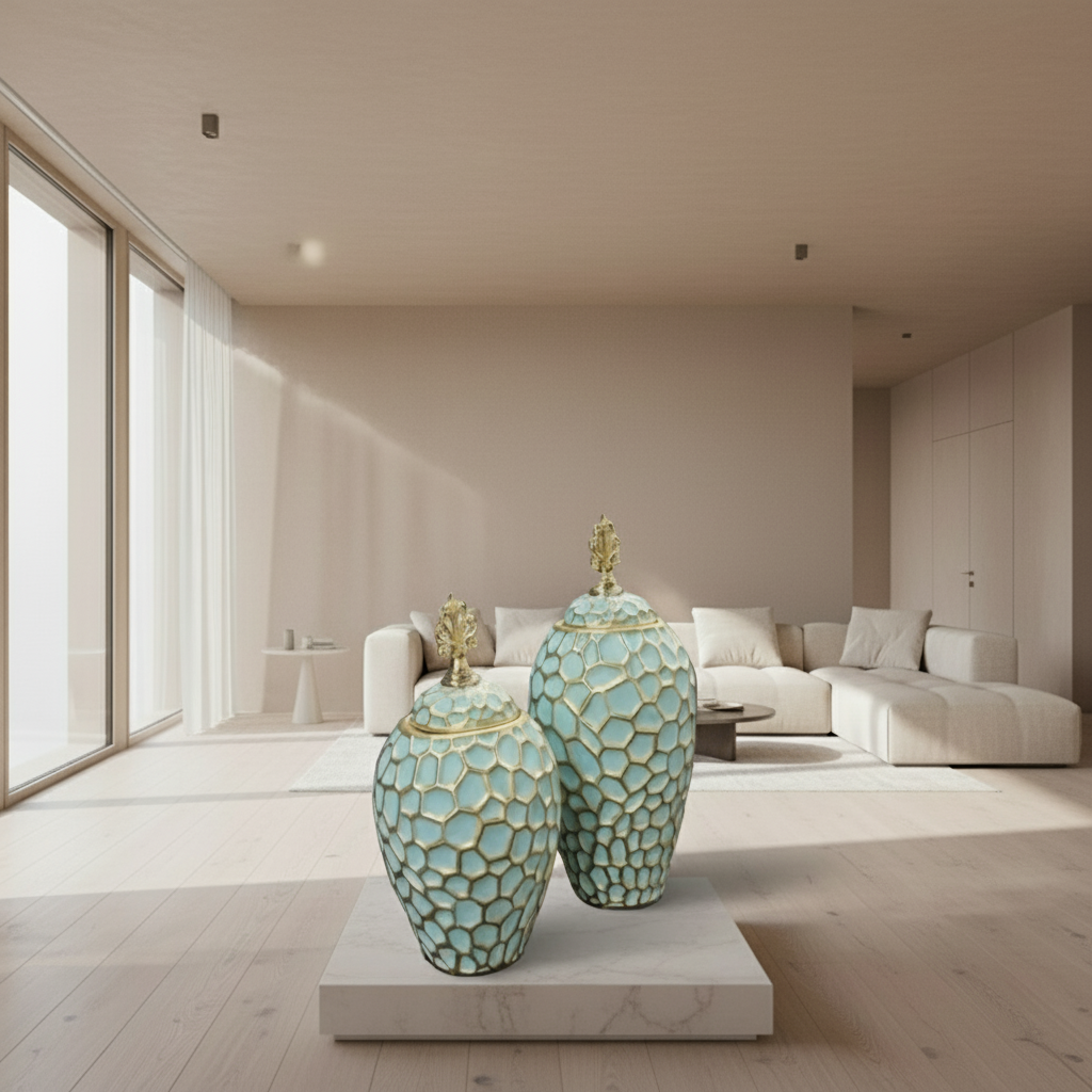 Two decorative vases with mosaic patterns and gold accents on a white background