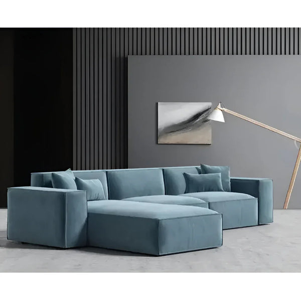 Sofa L Shape - Beech Wood - Linen Fabric - Blue- 280x180x90x75 cm - Cataloug