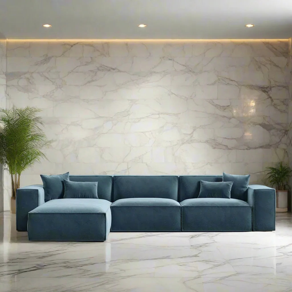 Sofa L Shape - Beech Wood - Linen Fabric - Blue- 280x180x90x75 cm - Cataloug