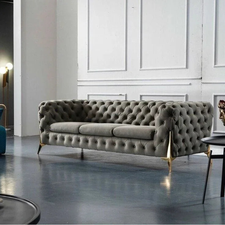 3 Seat Sofa - Beech Wood - Velvet Fabric - Grey - 240x90x75 cm - Cataloug