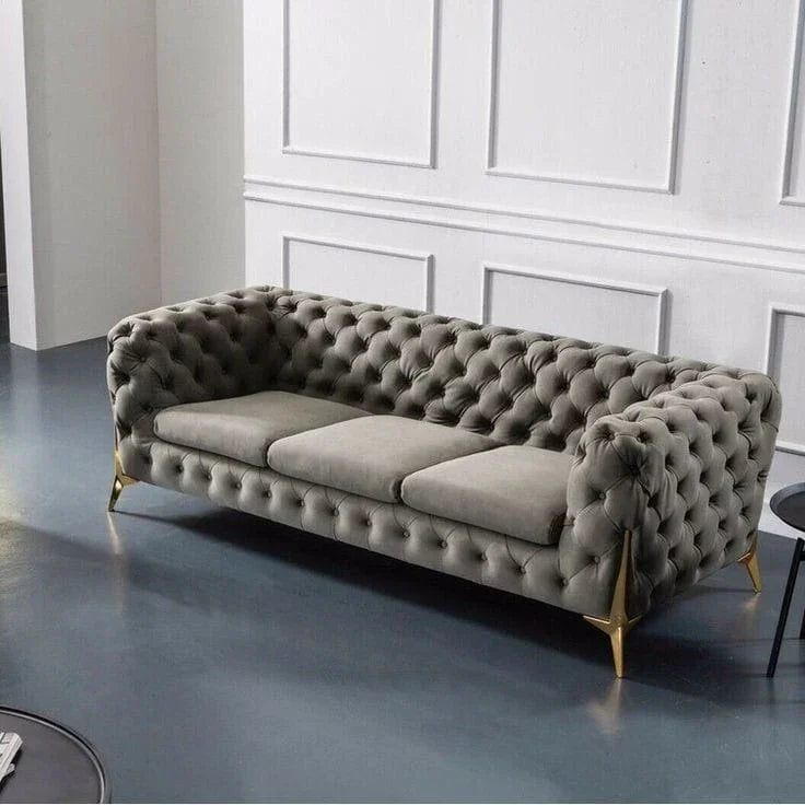 3 Seat Sofa - Beech Wood - Velvet Fabric - Grey - 240x90x75 cm - Cataloug