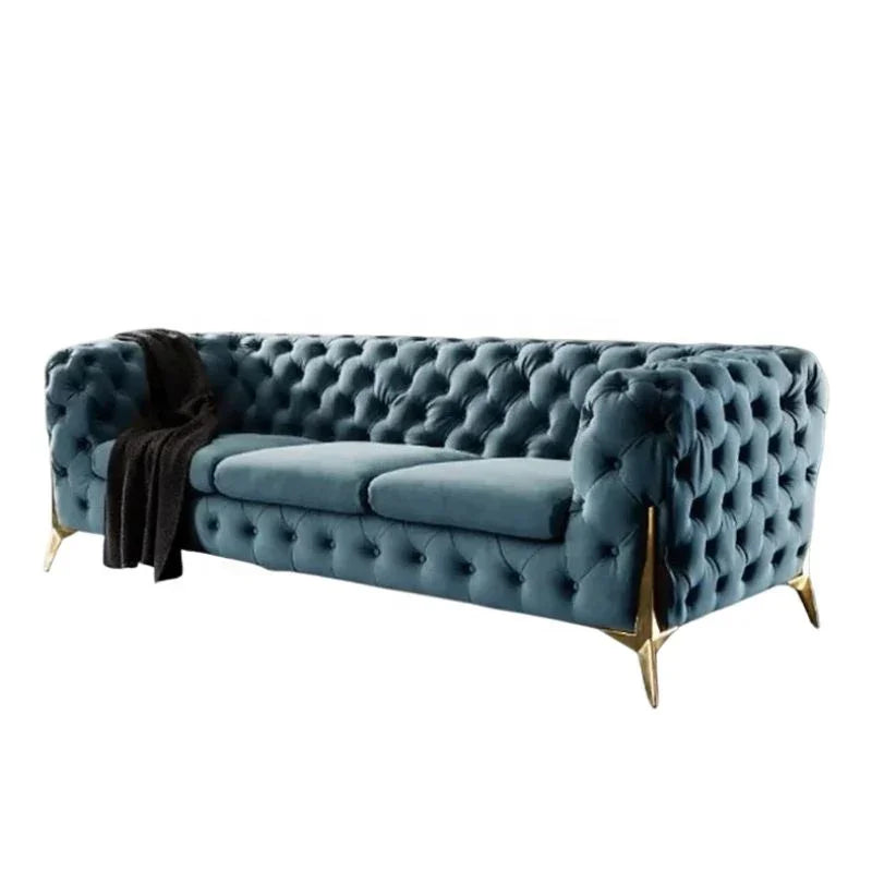 3 Seat Sofa - Beech Wood - Velvet Fabric - Blue- 240x90x75 cm - Cataloug