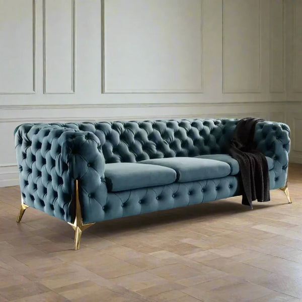 3 Seat Sofa - Beech Wood - Velvet Fabric - Blue- 240x90x75 cm - Cataloug