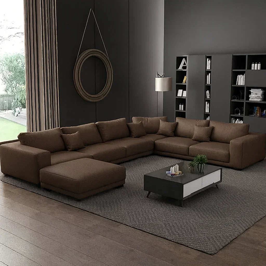 Sofa U Shape - Beech Wood - Linen Fabric - Brown - 350x250x180x90x75 cm - Cataloug