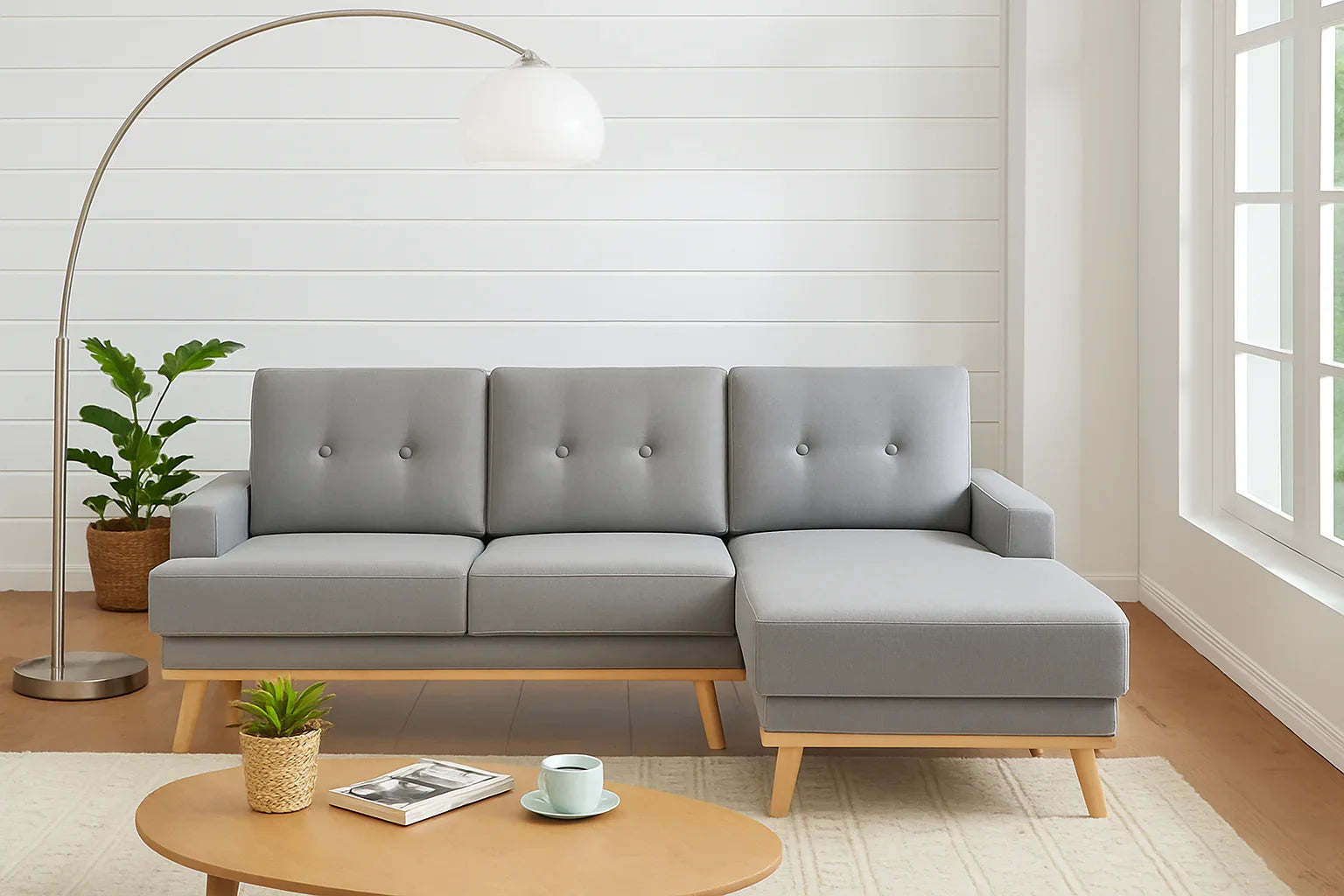 Sofa L Shape - Beech Wood - Linen Fabric - Grey - 240x170x90x75 cm - Cataloug