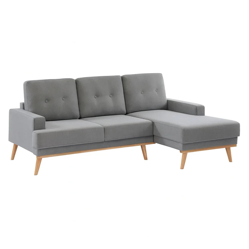 Sofa L Shape - Beech Wood - Linen Fabric - Grey - 240x170x90x75 cm - Cataloug
