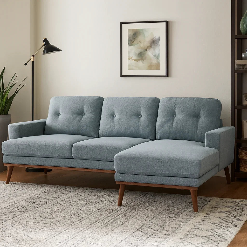 Sofa L Shape - Beech Wood - Linen Fabric - Blue - 240x170x90x75 cm - Cataloug