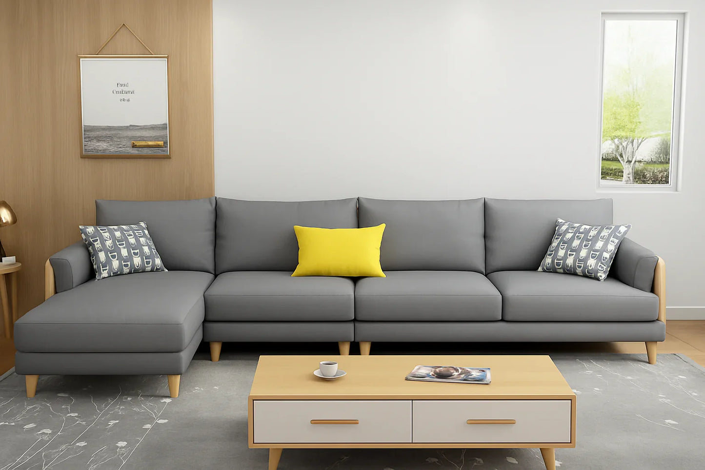 Sofa L Shape - Beech Wood - Linen Fabric - Grey - 350x180x90x75 cm - Cataloug