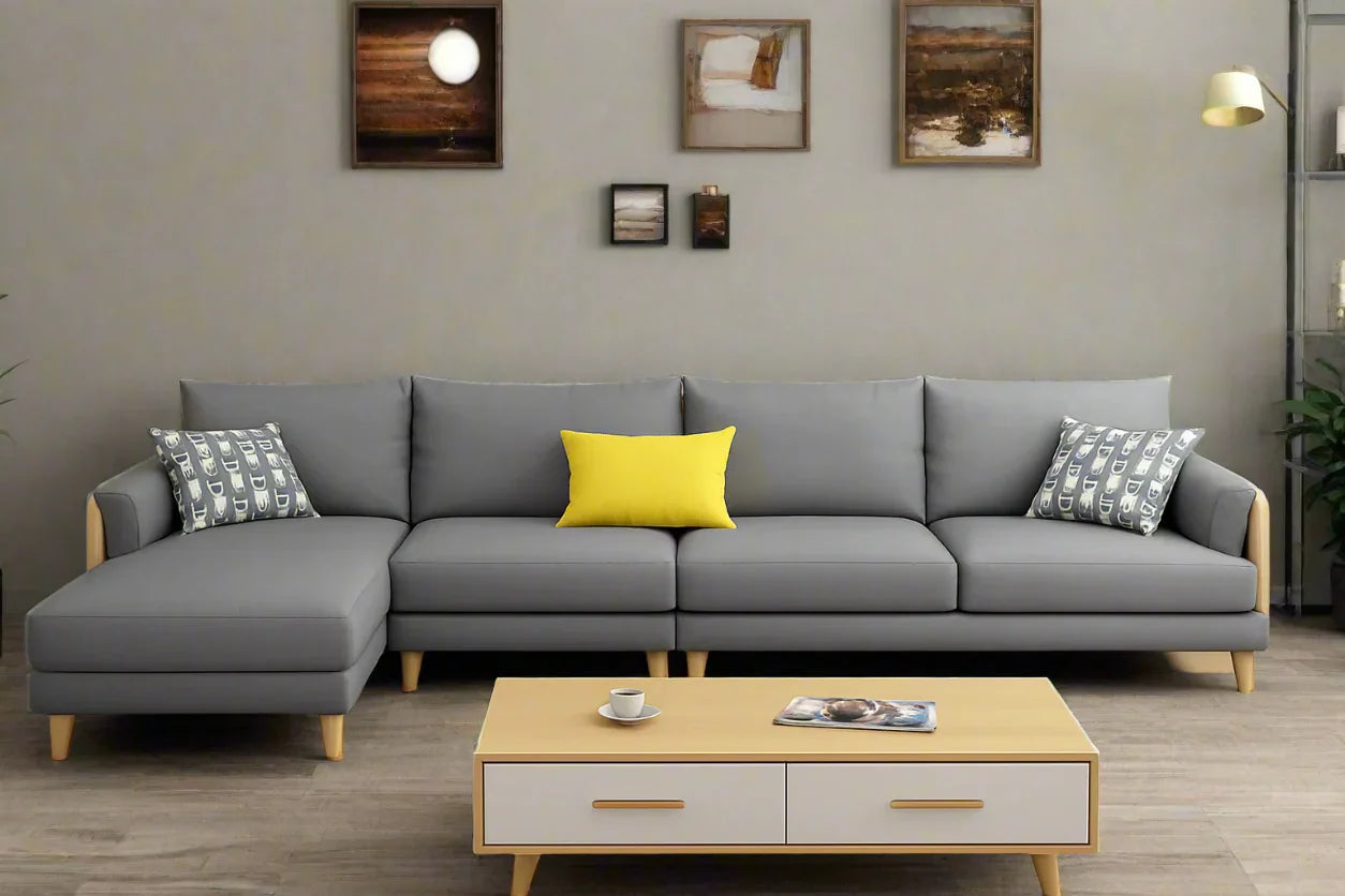 Sofa L Shape - Beech Wood - Linen Fabric - Grey - 350x180x90x75 cm - Cataloug