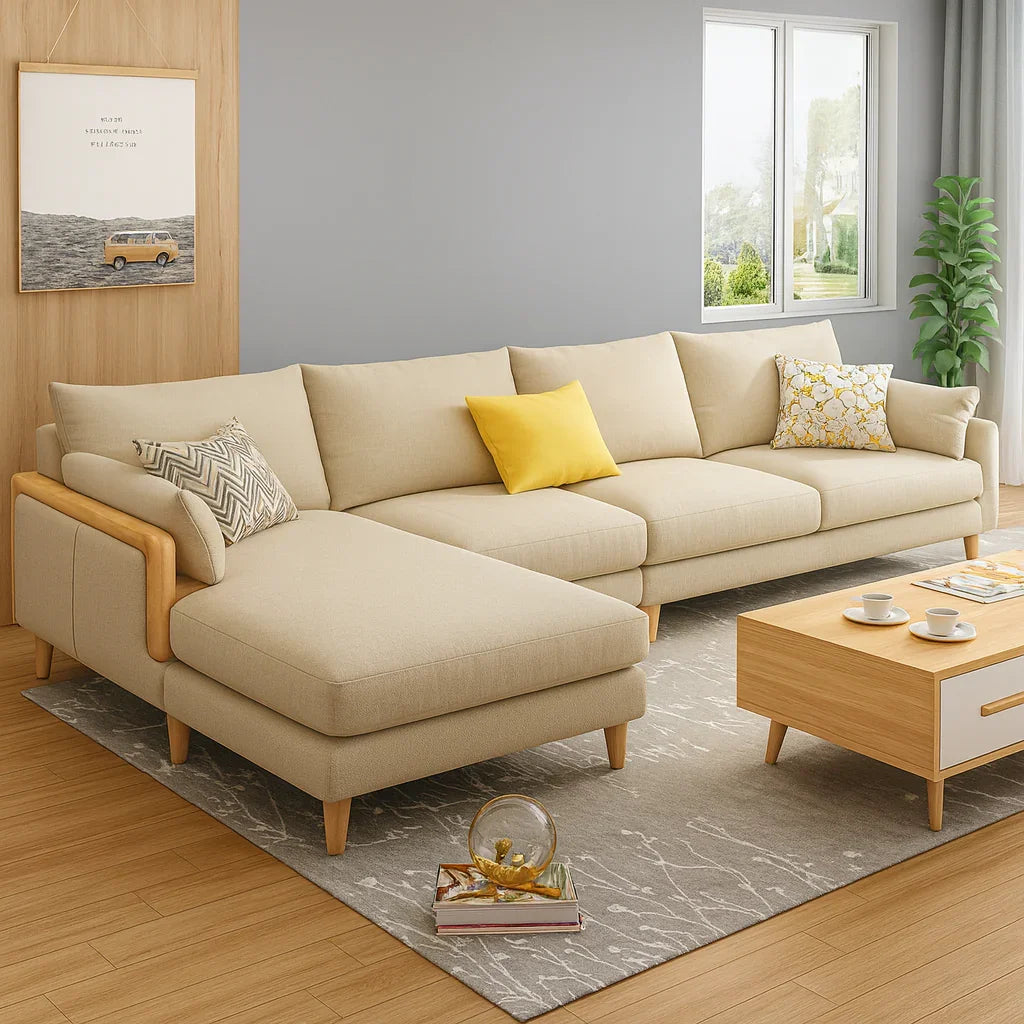 Sofa L Shape - Beech Wood - Linen Fabric - Beige - 350x180x90x75 cm - Cataloug