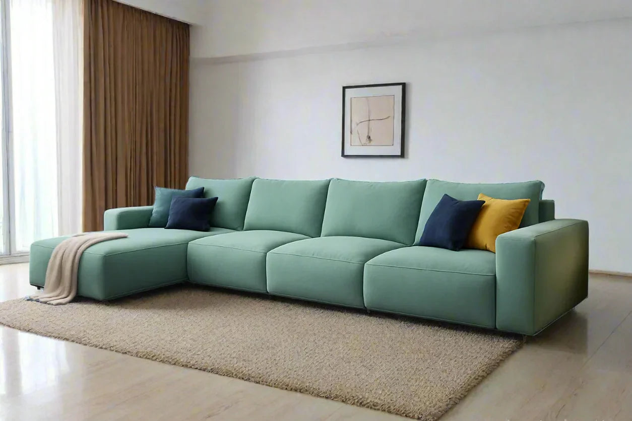 Sofa L Shape - Beech Wood - Linen Fabric - Green - 350x180x90x75 cm - Cataloug