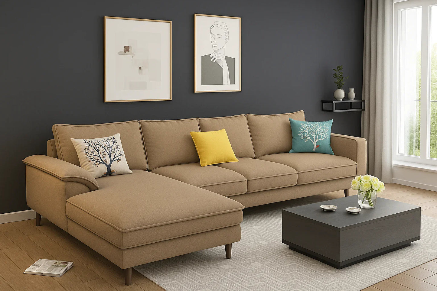Sofa L Shape - Beech Wood - Linen Fabric - Beige - 350x180x90x75 cm - Cataloug