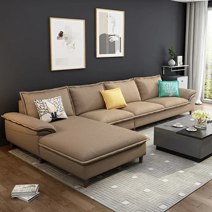 Sofa L Shape - Beech Wood - Linen Fabric - Beige - 350x180x90x75 cm - Cataloug