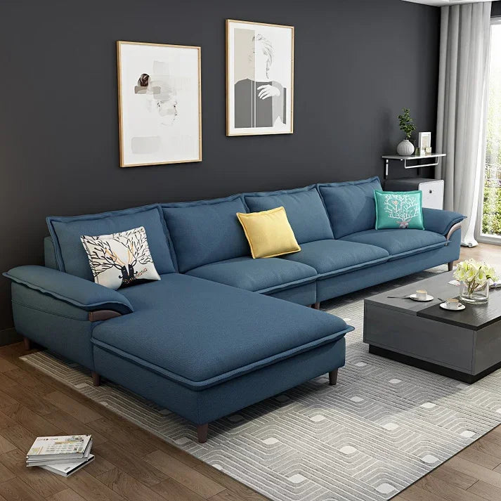 Sofa L Shape - Beech Wood - Linen Fabric - Blue - 350x180x90x75 cm - Cataloug