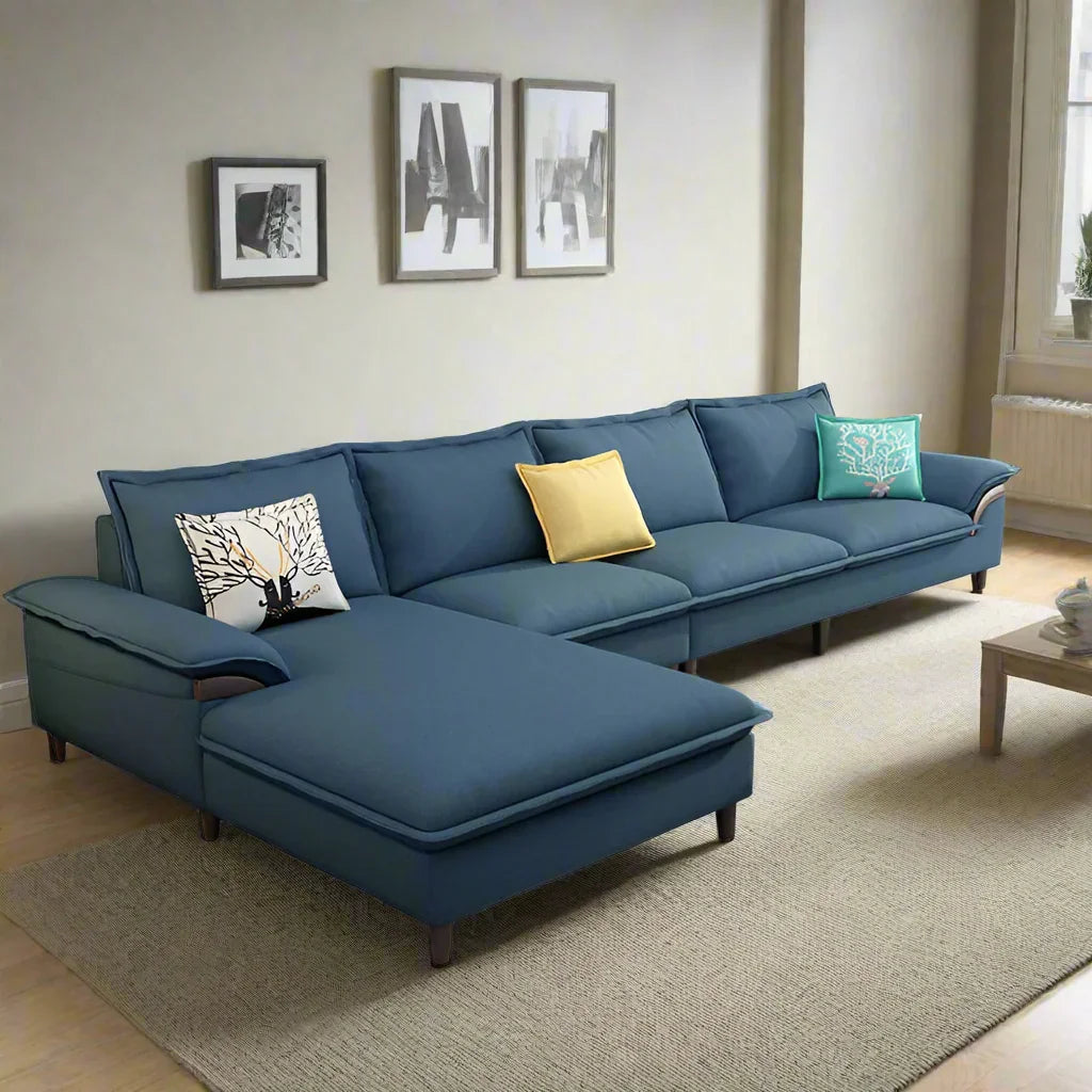 Sofa L Shape - Beech Wood - Linen Fabric - Blue - 350x180x90x75 cm - Cataloug