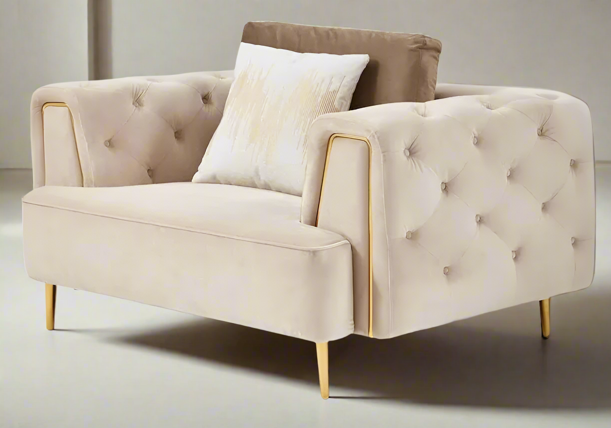 Arm Chair - Beech Wood - Velvet Fabric - Beige - 120x90x75 cm