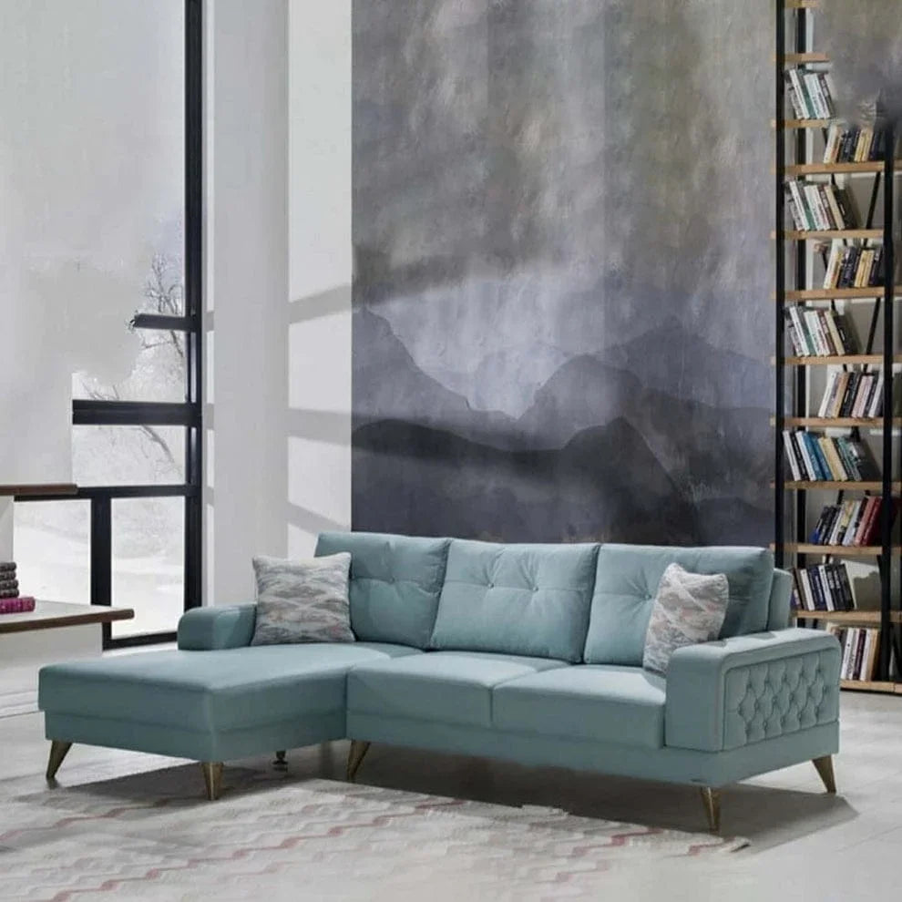 Sofa L Shape - Beech Wood - Linen Fabric - Blue - 240x170x90x75 cm - Cataloug