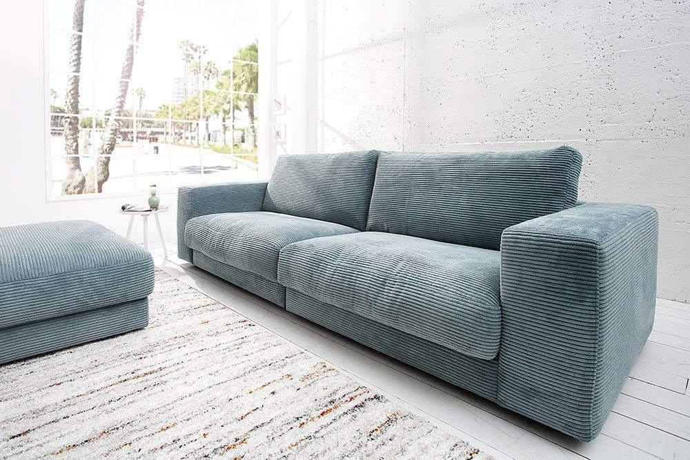 Sofa L Shape - Beech Wood - Linen Fabric - Blue - 240x180x90x75 cm - Cataloug