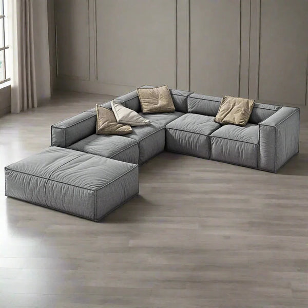 Sofa L Shape - Beech Wood - Linen Fabric - Grey - 250x230x85x75 cm - Cataloug