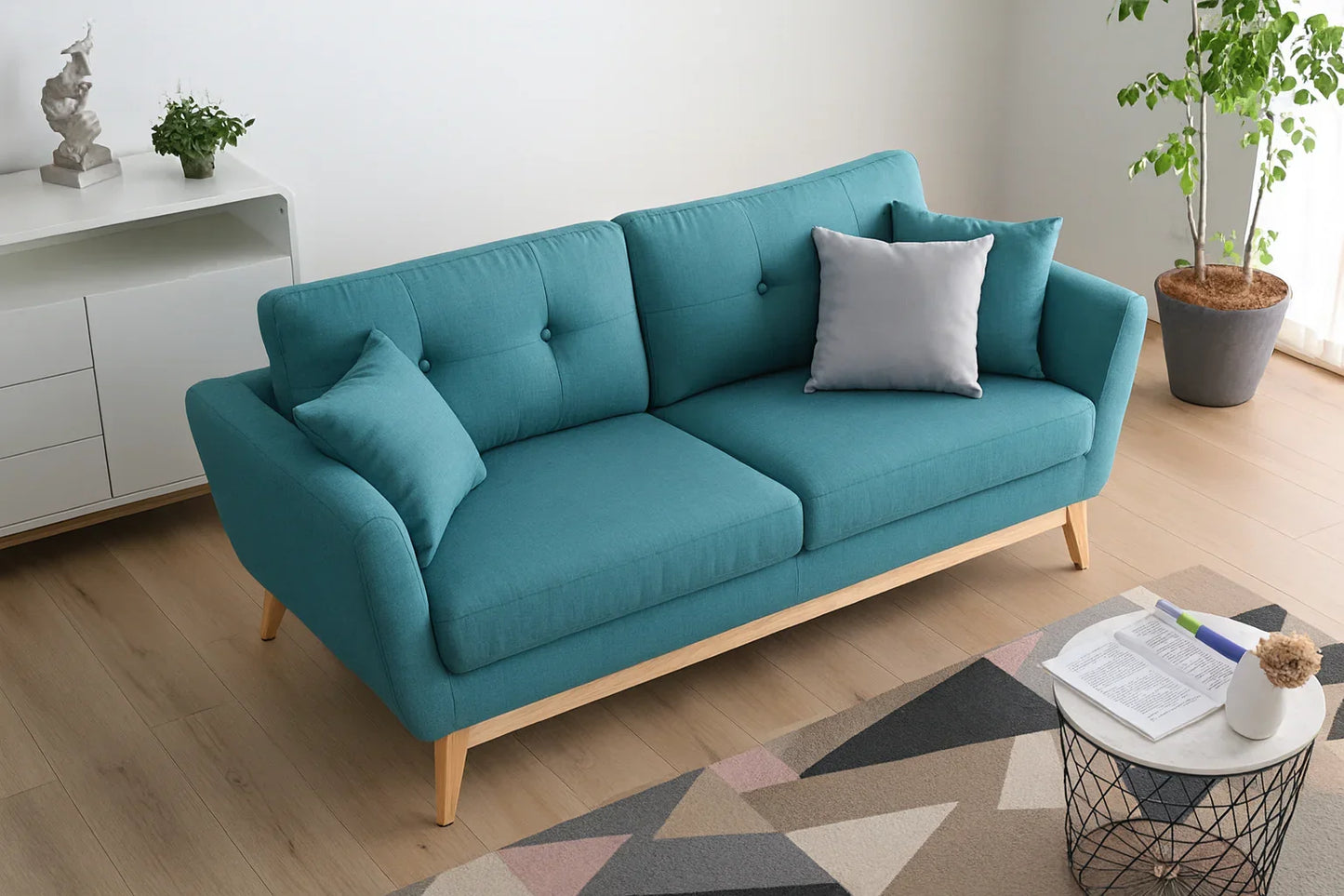 Sofa - Beech Wood - Linen Fabric - Blue - 200x90x75 cm - Cataloug
