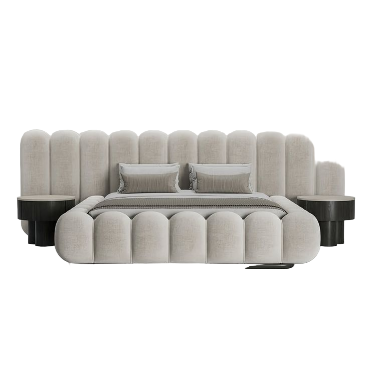 Modern beige bed with matching headboard on a gray background, featuring the brand 'Alta Gama'.