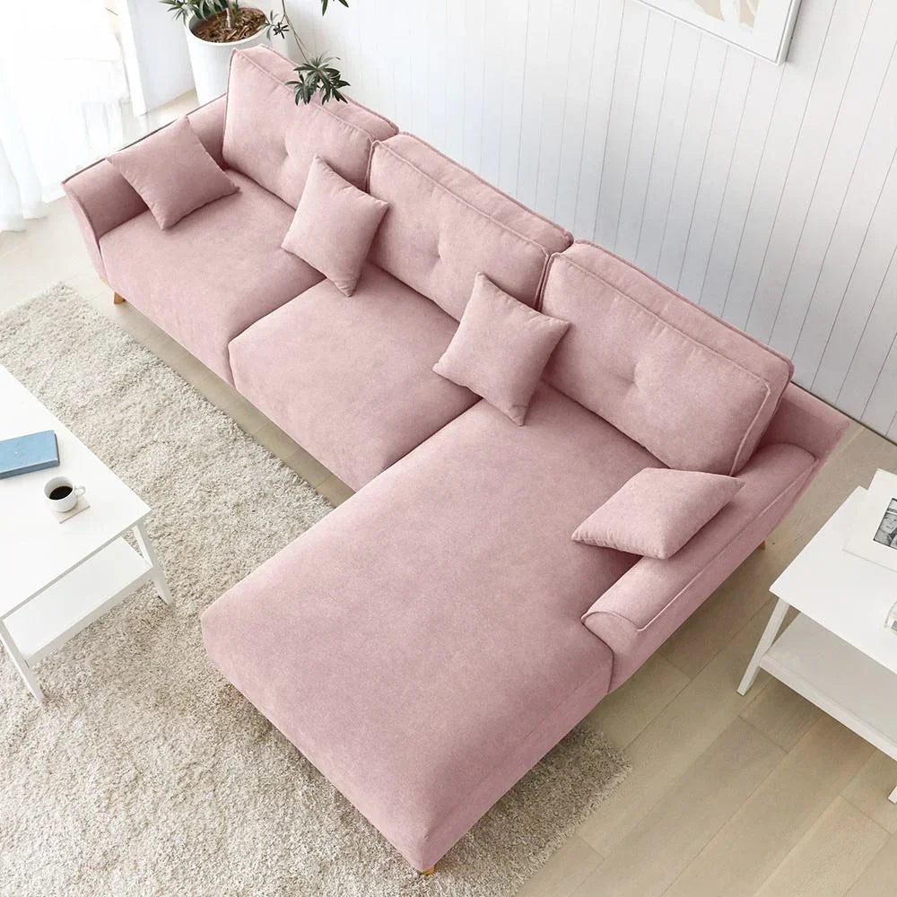 Sofa L Shape - Beech Wood - Linen Fabric - Pink - 280x180x90x75 cm - Cataloug