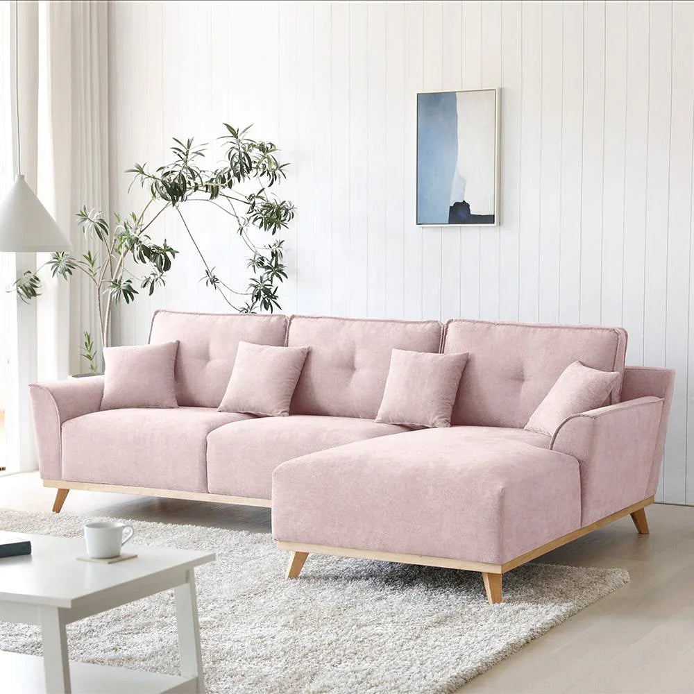Sofa L Shape - Beech Wood - Linen Fabric - Pink - 280x180x90x75 cm - Cataloug