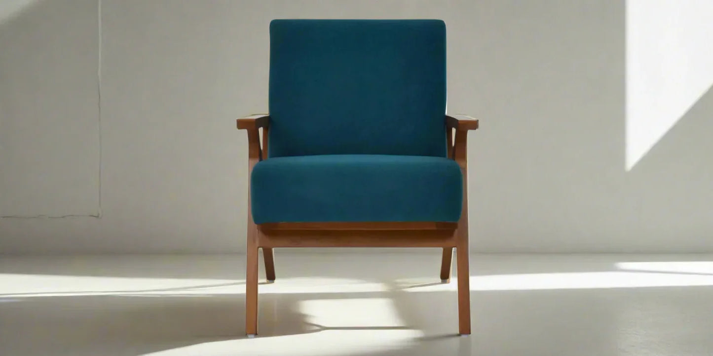 Arm Chair - Oak Wood - Linen Fabric - Blue - 80x80x90cm