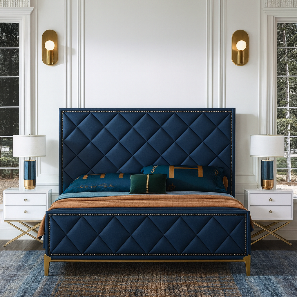 Bed-Beech Wood-Velvet-Navy-BW.BE.503.0051