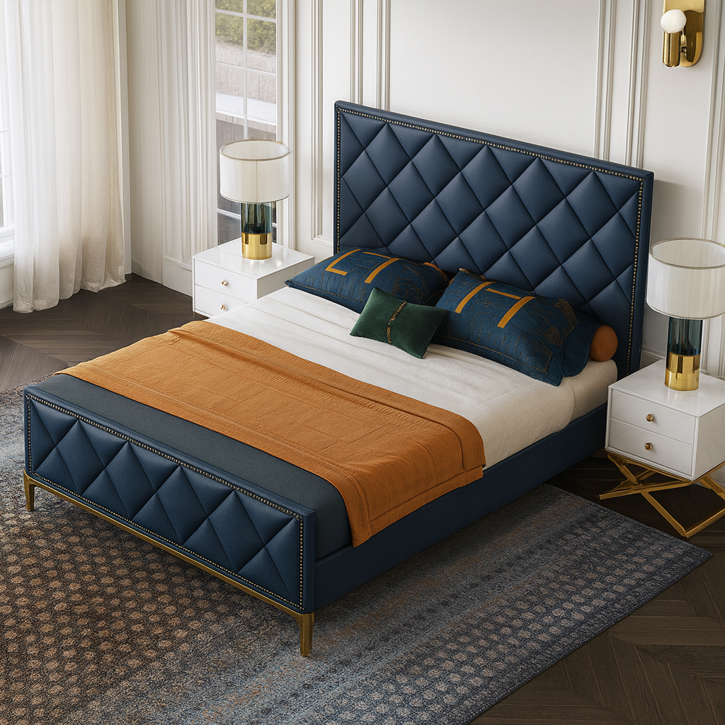 Bed-Beech Wood-Velvet-Navy-BW.BE.503.0051