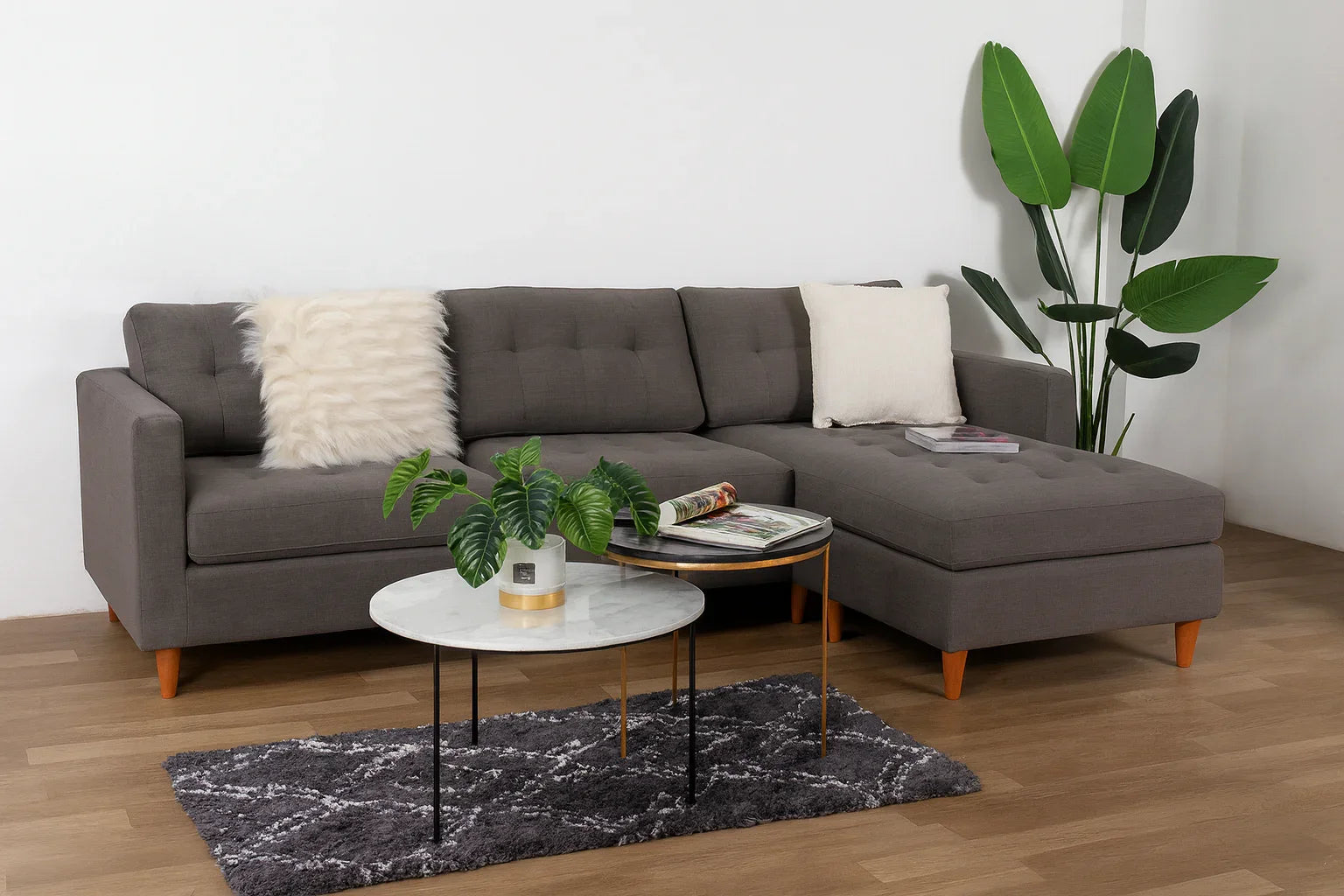 Sofa L Shape - Beech Wood - Linen Fabric - Grey - 240x170x90x70 cm - Cataloug