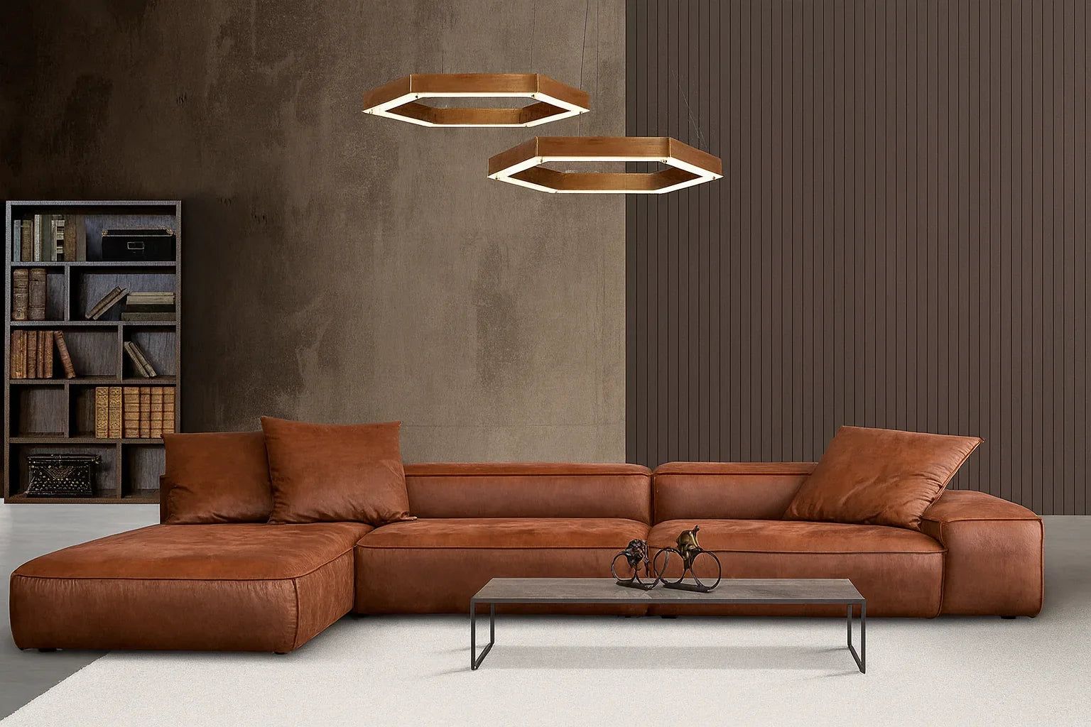 Sofa L Shape - Beech Wood - Suede Fabric - Brown - 300x200x90 cm - Cataloug