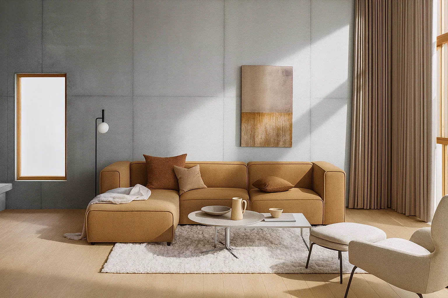 Sofa L Shape - Beech Wood - Linen Fabric - Brown - 280x180x90 cm - Cataloug