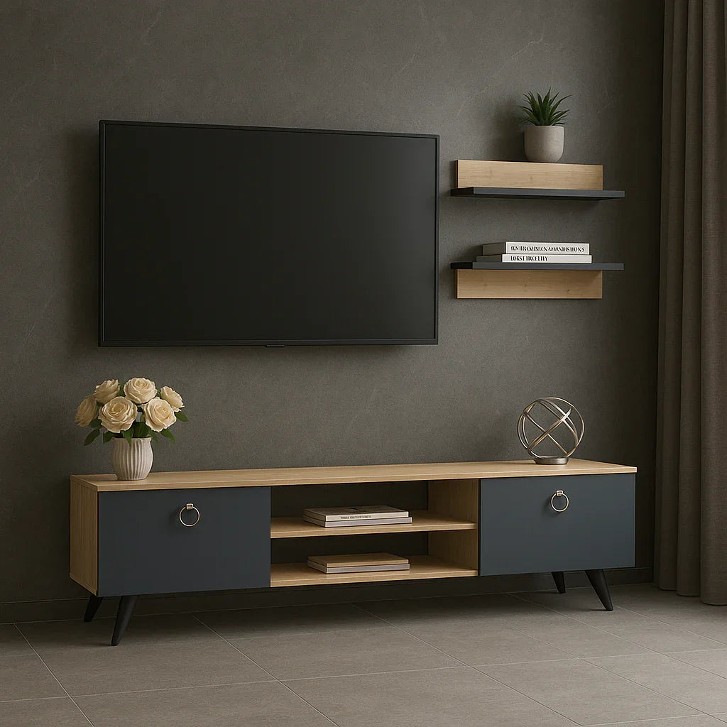 TV table - MDF wood - Beige & grey - 150x35x45 cm - Cataloug