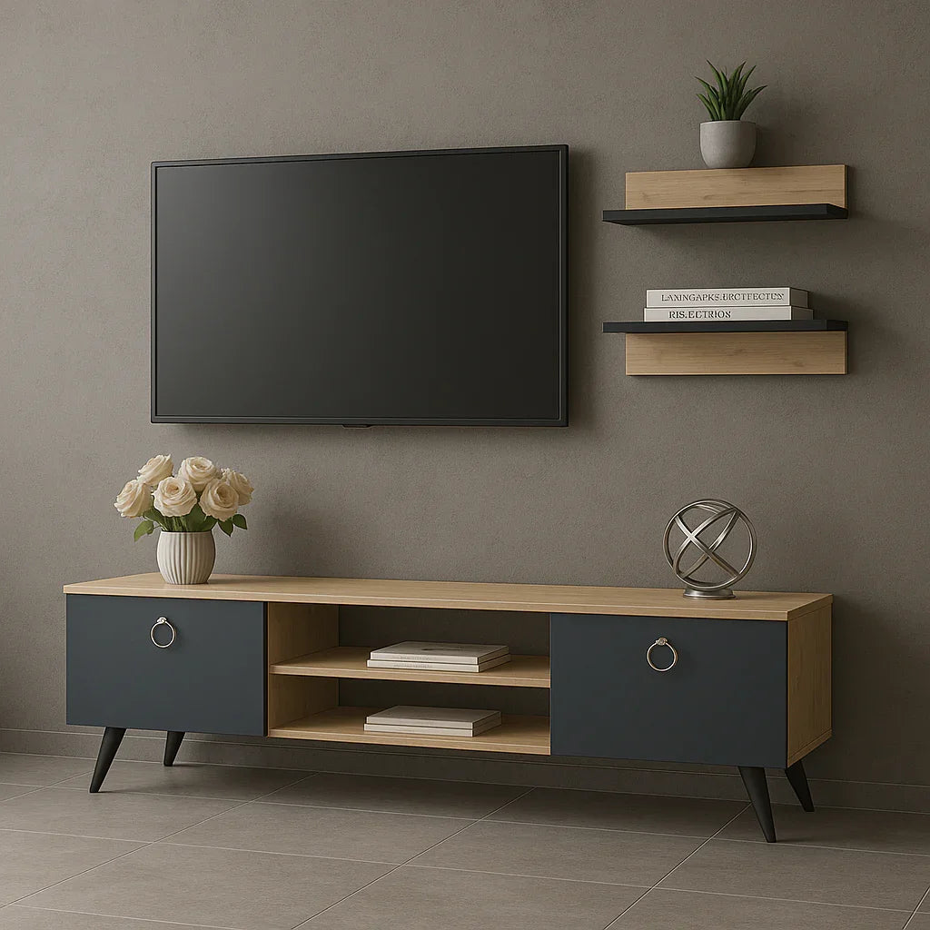 TV table - MDF wood - Beige & grey - 150x35x45 cm - Cataloug